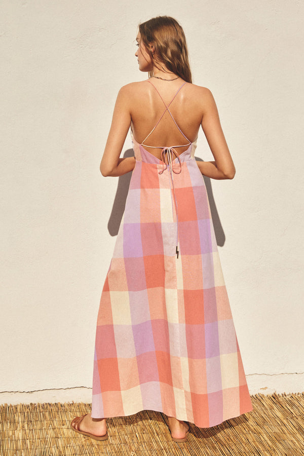 Pastel Checkered Knot Front Maxi Dress