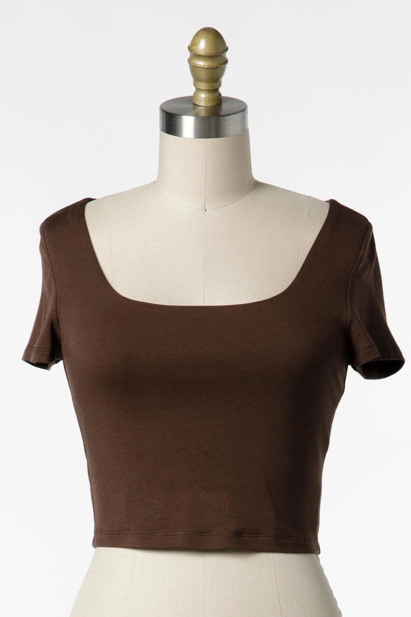 MG Rayon Modal Solid Short Sleeve Square Neck Crop Tee Lt Brown