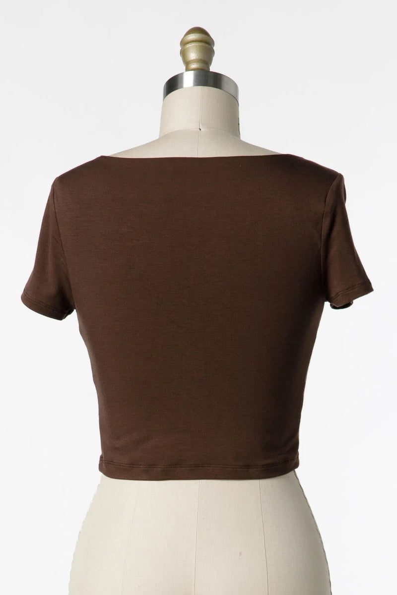 MG Rayon Modal Solid Short Sleeve Square Neck Crop Tee Lt Brown