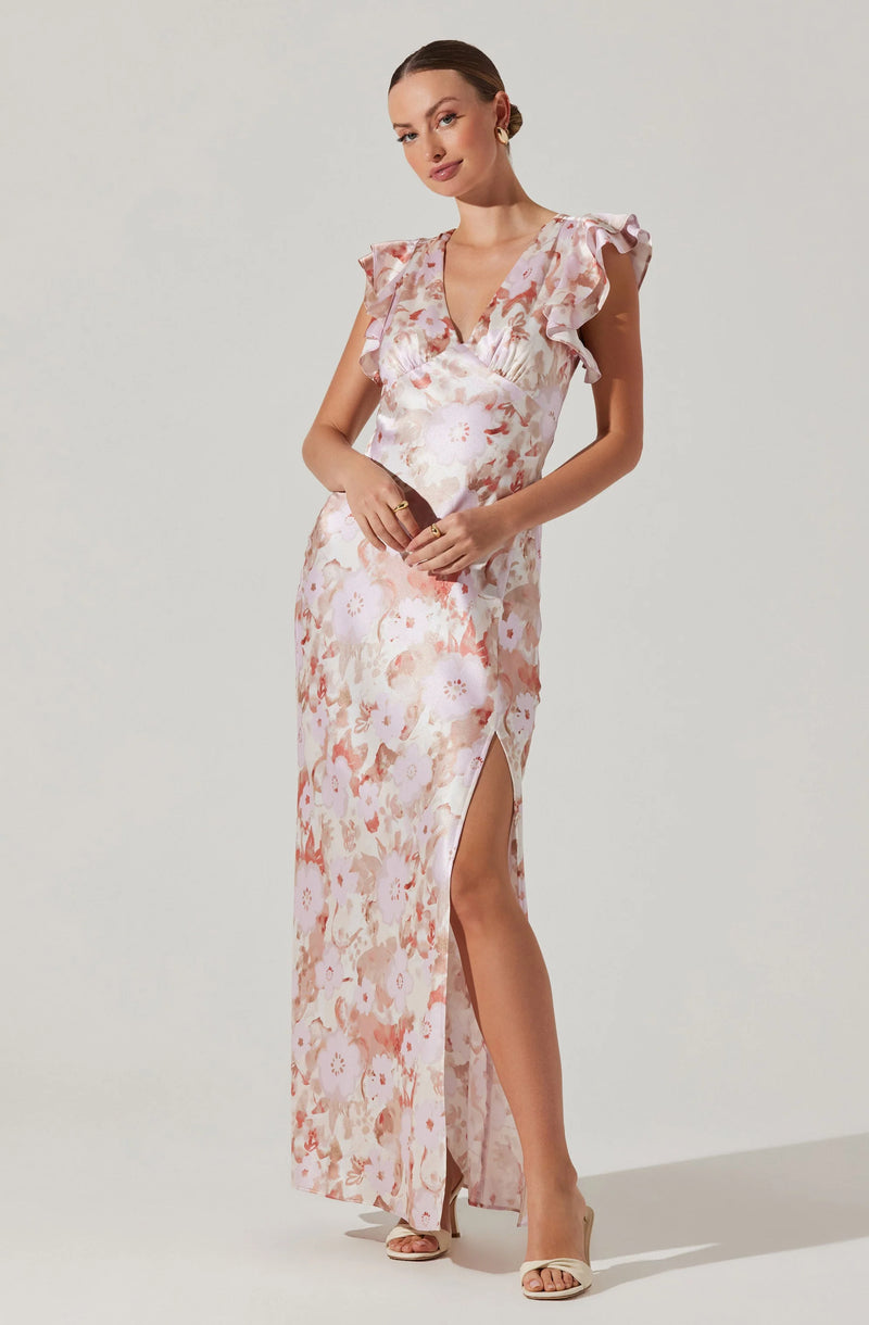 ASR Satin Flutter Sleeve Maxi Dress