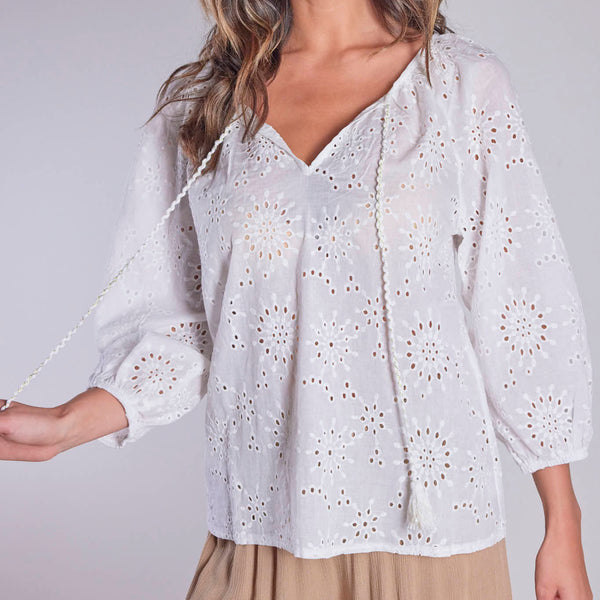 STEVIE MAY White and Yellow Eyelet Blouse Size cheapest S